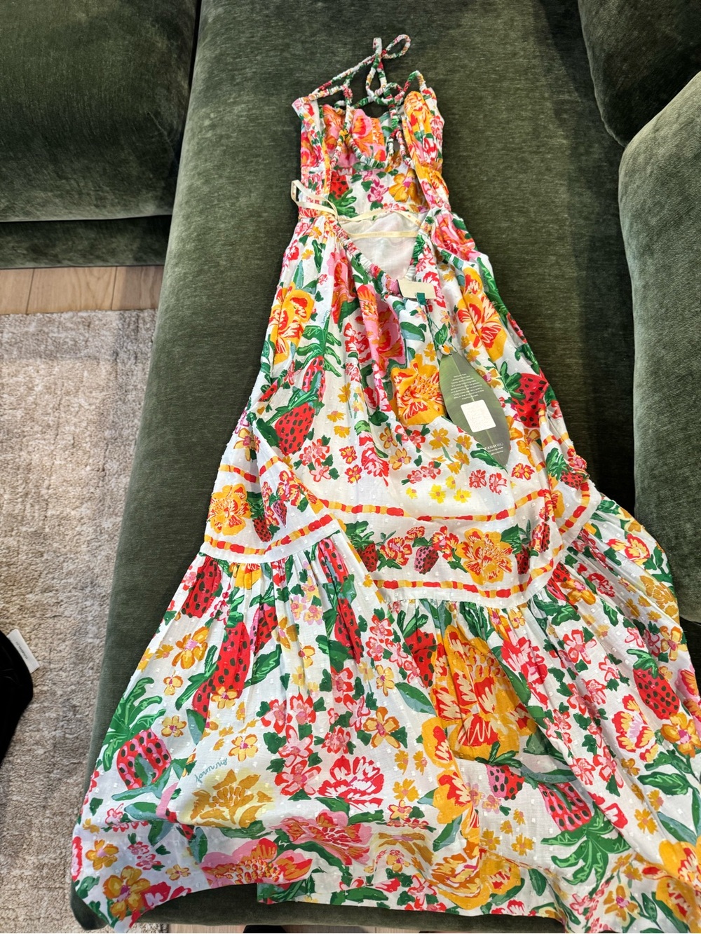 FARM Rio Floral & Strawberry Print Maxi Dress in White, Yellow, Pink, Green, Red